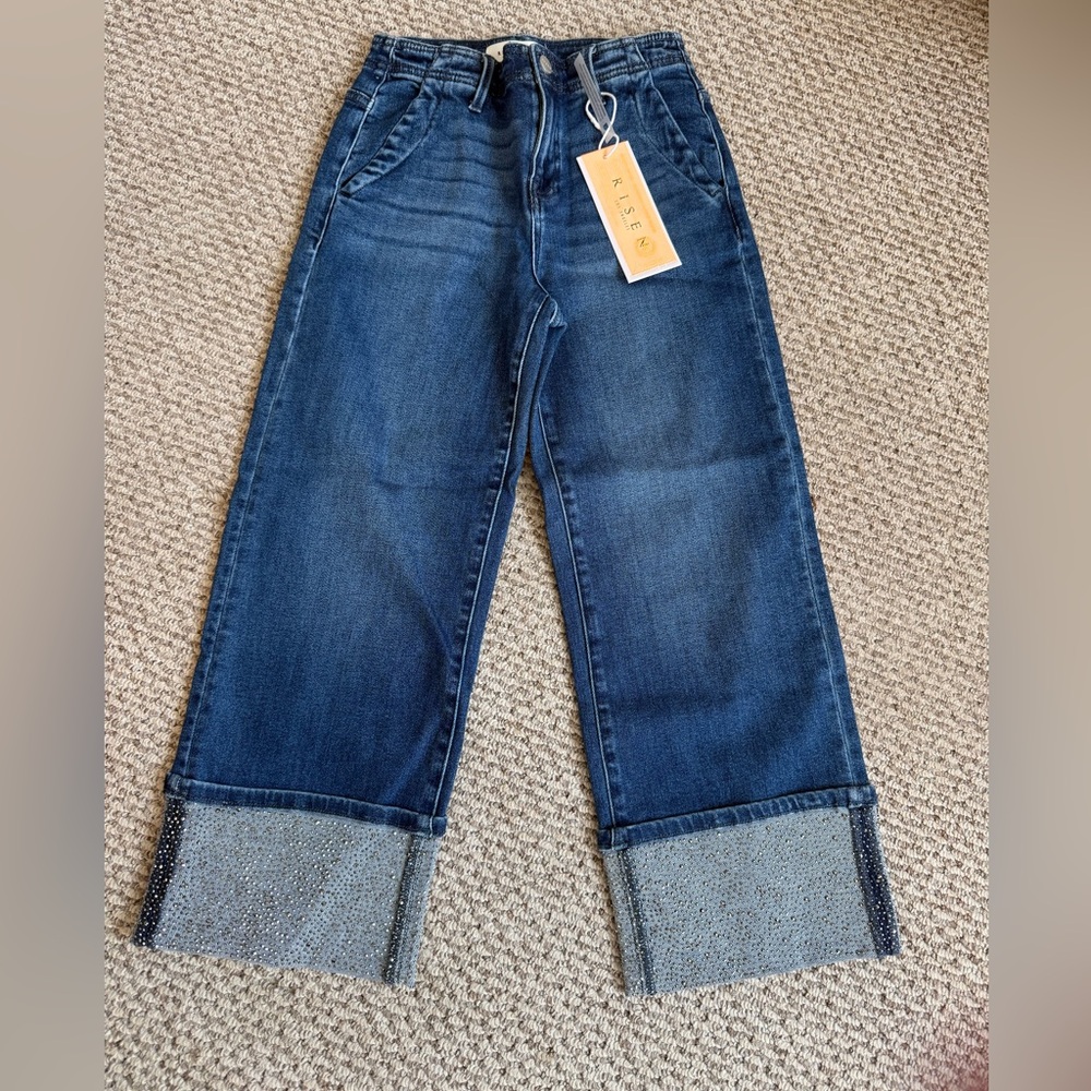 Cropped Rhinestone Cuff Risen Denim Jeans - Picture 2 of 5